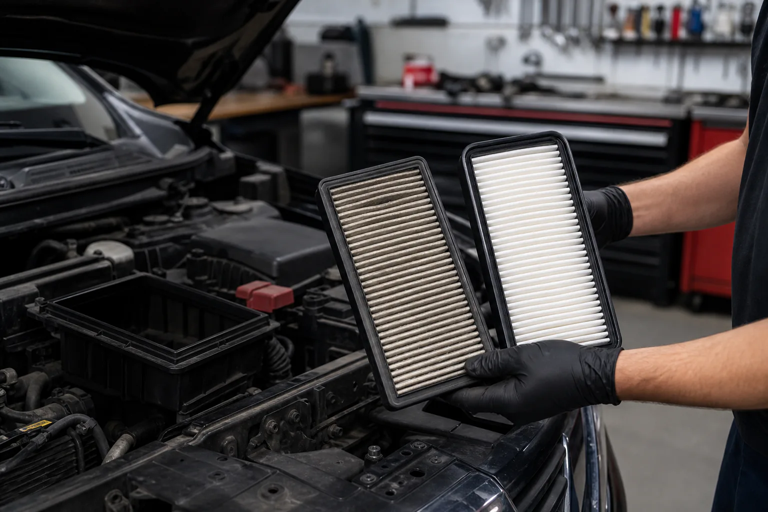 Mechanic comparing used and clean replacement air filters for a Worcester customer