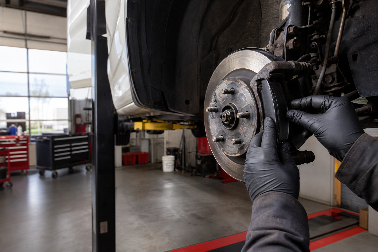 Dennis Auto Repair performing brake service in a repair shop