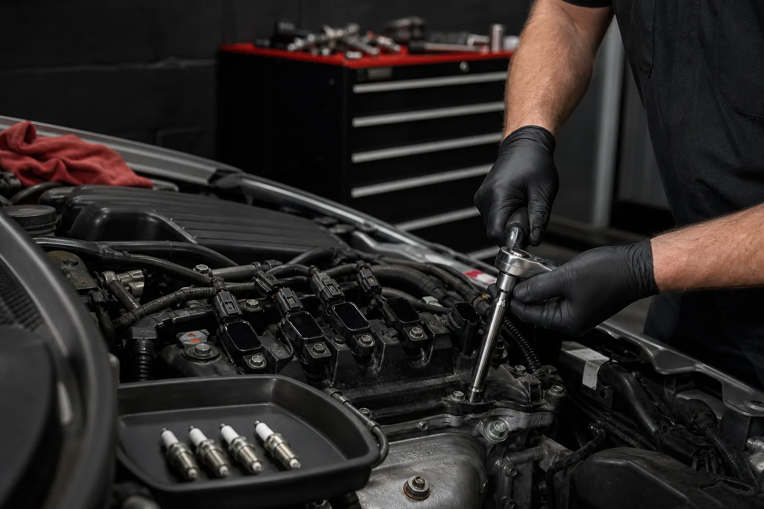Mechanic installing vehicle-specific spark plugs for a Worcester customer